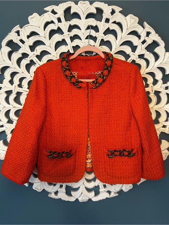 Anthropologie Jackets & Blazers - Anthropologie Orange  Tweed Cropped Jacket with Chain Trim